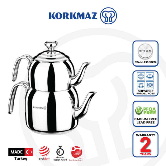 Korkmaz Droppa Teapot Set Premium Stainless Steel - Made in Turkey