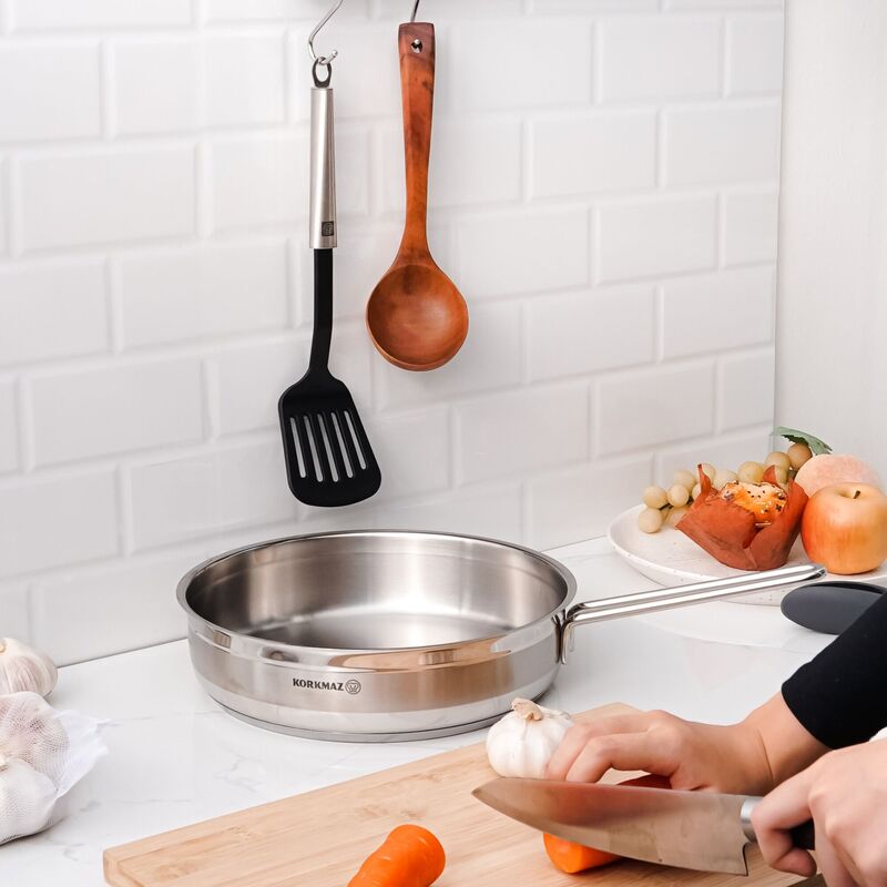 Korkmaz Alfa Stainless Steel Frying Pan - Induction Compatible, Made in Turkey