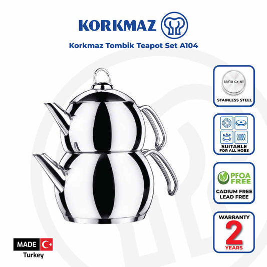 Korkmaz Tombik Teapot Set - 1.1L Premium Stainless Steel, Made in Turkey