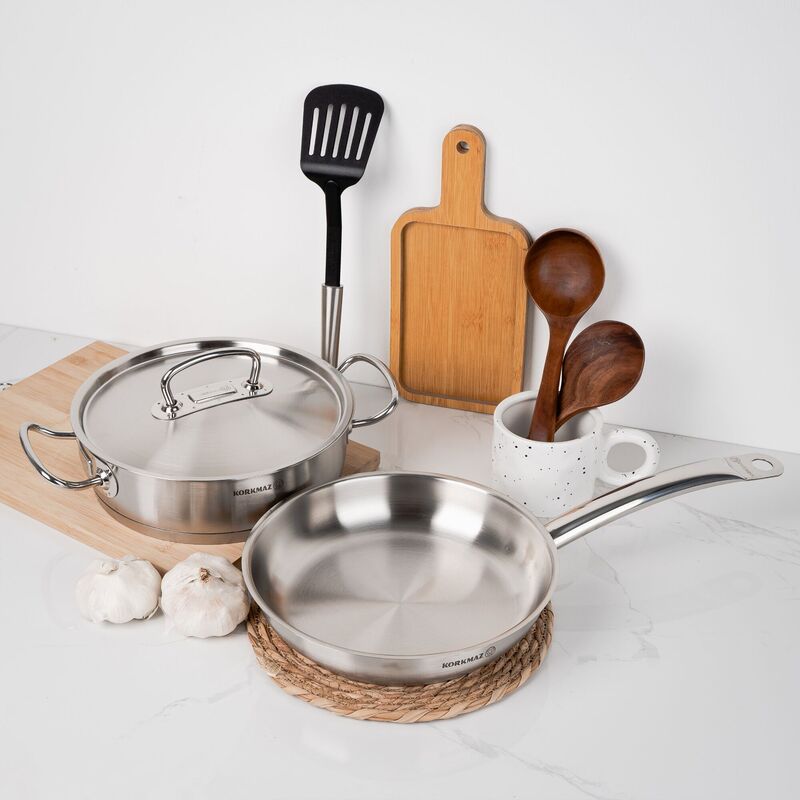 Korkmaz Proline 9-Piece Stainless Steel Cookware Set - Induction Compatible, Stainless Steel Stock Pot Set and Frying Pan, Made in Turkey
