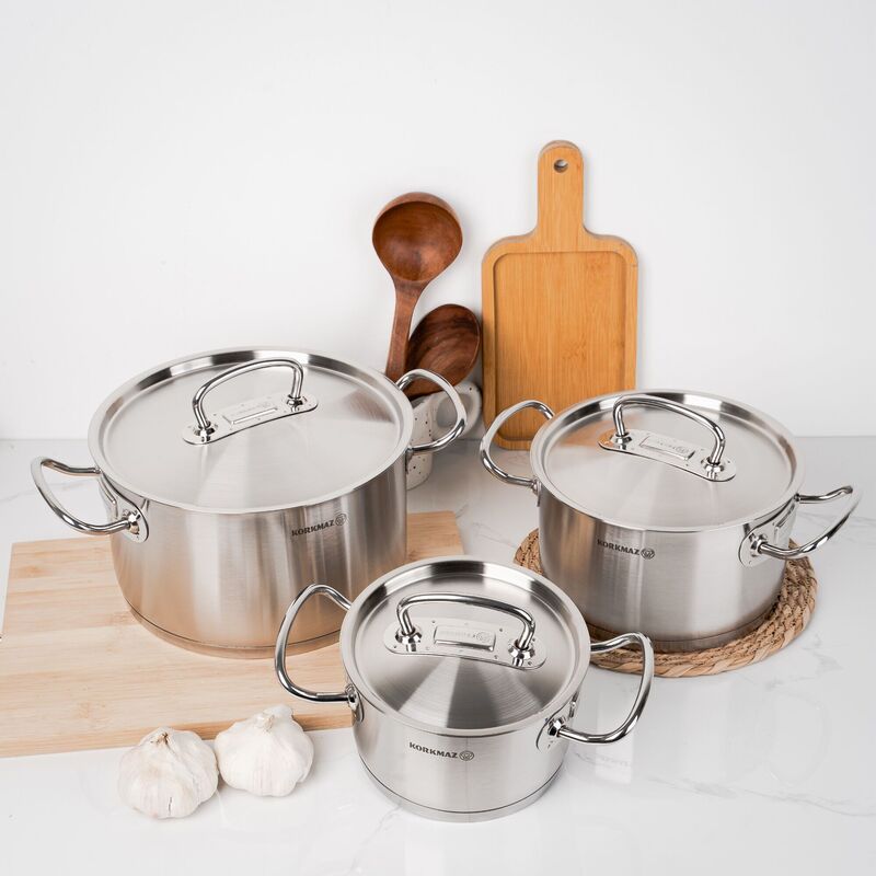 Korkmaz Proline 9-Piece Stainless Steel Cookware Set - Induction Compatible, Stainless Steel Stock Pot Set and Frying Pan, Made in Turkey