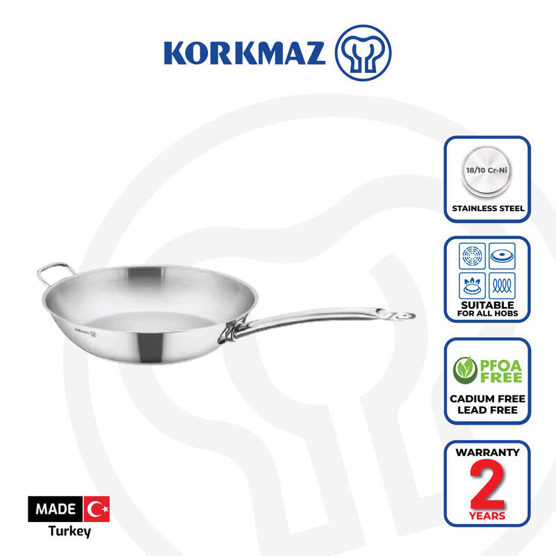 Korkmaz Proline Satin Stainless Steel Frying Pan with Handle - Induction Compatible, Made in Turkey