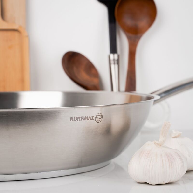Korkmaz Proline Satin Stainless Steel Frying Pan with Handle - Induction Compatible, Made in Turkey