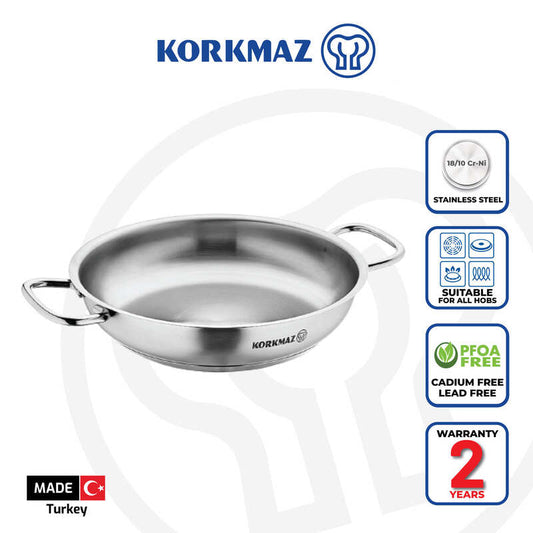 Korkmaz Proline Stainless Steel Paella Pan , Induction Compatible Frying Pan, Made in Turkey