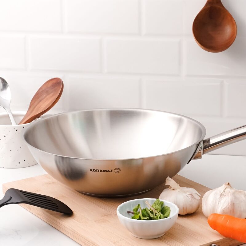 Korkmaz Proline Stainless Steel Wok - 28x8.5cm, Induction Compatible Frying Pan, Made in Turkey
