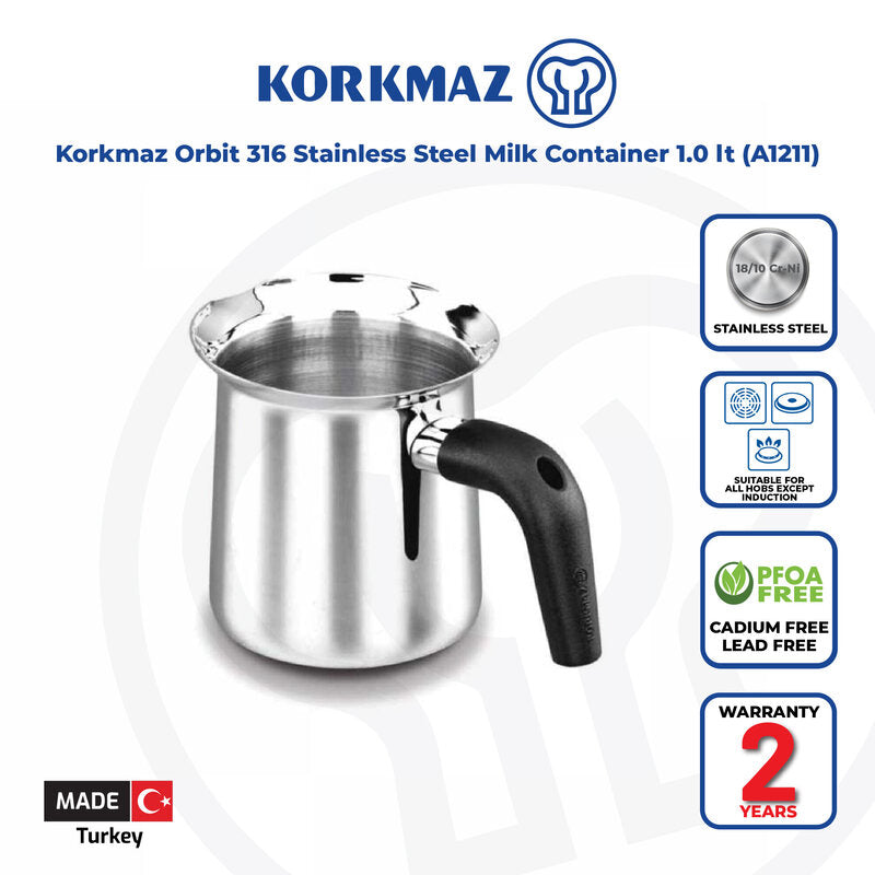 Korkmaz Proline Satin Stainless Steel Milk Frothing Pitcher - 1.0L, Made in Turkey