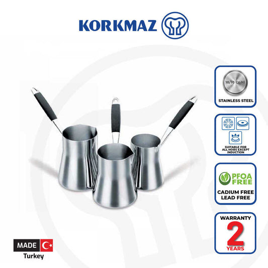 Korkmaz Flora Stainless Steel Turkish Coffee Pot Set with Silicone Handle - Made in Turkey