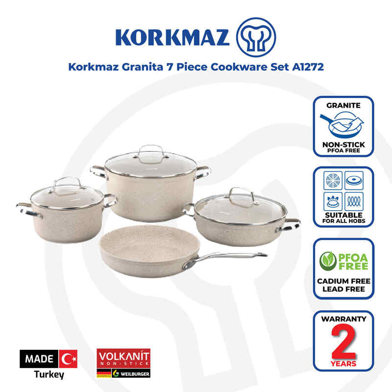 Korkmaz Granita Non-Stick Cookware Set, 7-Piece, Induction Compatible, Stock Pot Set with Frying Pan, Made in Turkey