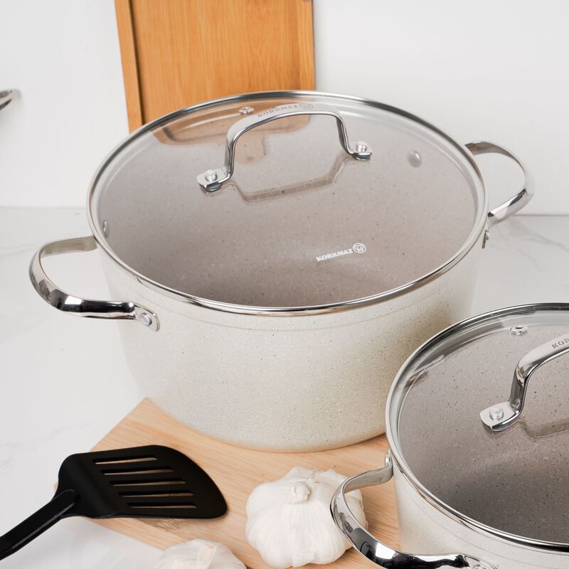 Korkmaz Granita Non-Stick Cookware Set, 7-Piece, Induction Compatible, Stock Pot Set with Frying Pan, Made in Turkey