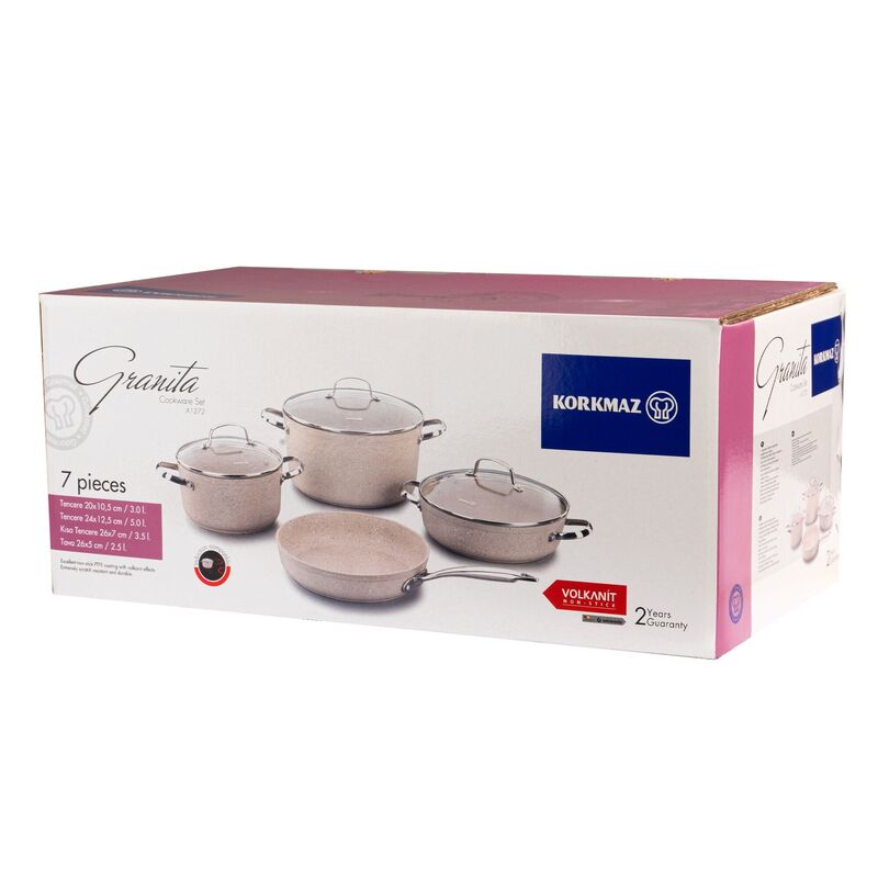 Korkmaz Granita Non-Stick Cookware Set, 7-Piece, Induction Compatible, Stock Pot Set with Frying Pan, Made in Turkey