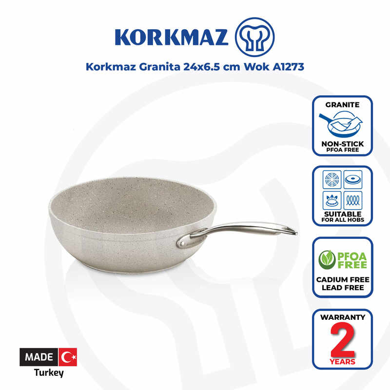 Korkmaz Granita Non-Stick Wok - Induction Compatible, Free From PFOA, Cadmium, and Lead, Made in Turkey