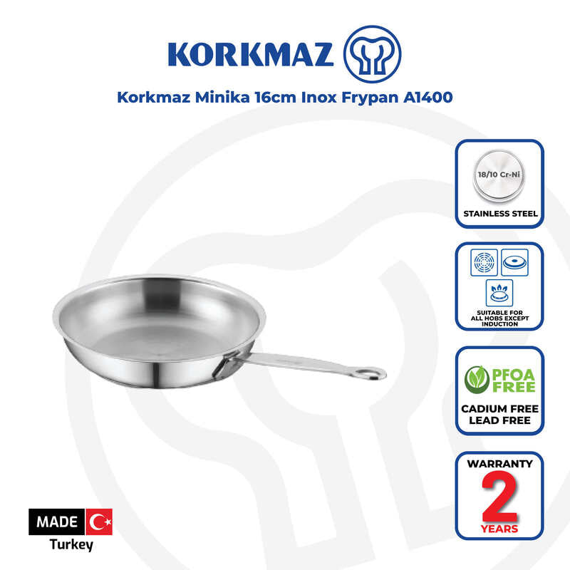 Korkmaz Minika Stainless Steel Frying Pan - 16x4cm, Induction Compatible, Made in Turkey