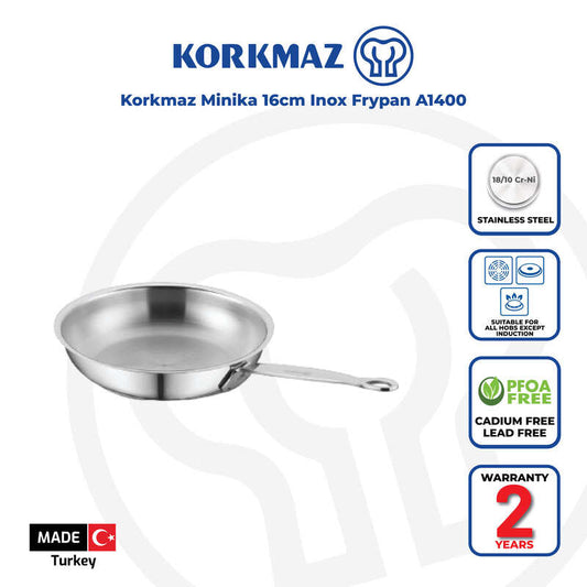Korkmaz Minika Stainless Steel Frying Pan - 16x4cm, Induction Compatible, Made in Turkey