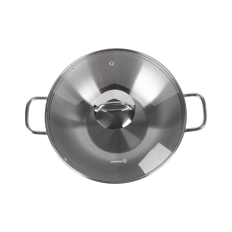 Korkmaz Perla Stainless Steel Wok with Lid - 28x8.5cm, Induction Compatible, Made in Turkey