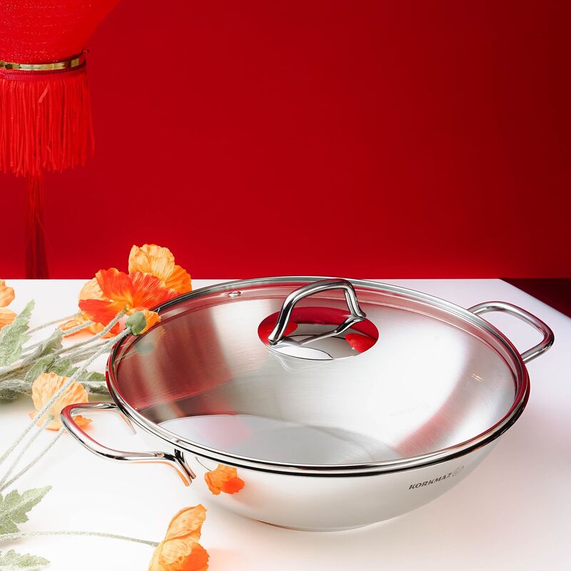 Korkmaz Perla Stainless Steel Wok with Lid - 28x8.5cm, Induction Compatible, Made in Turkey