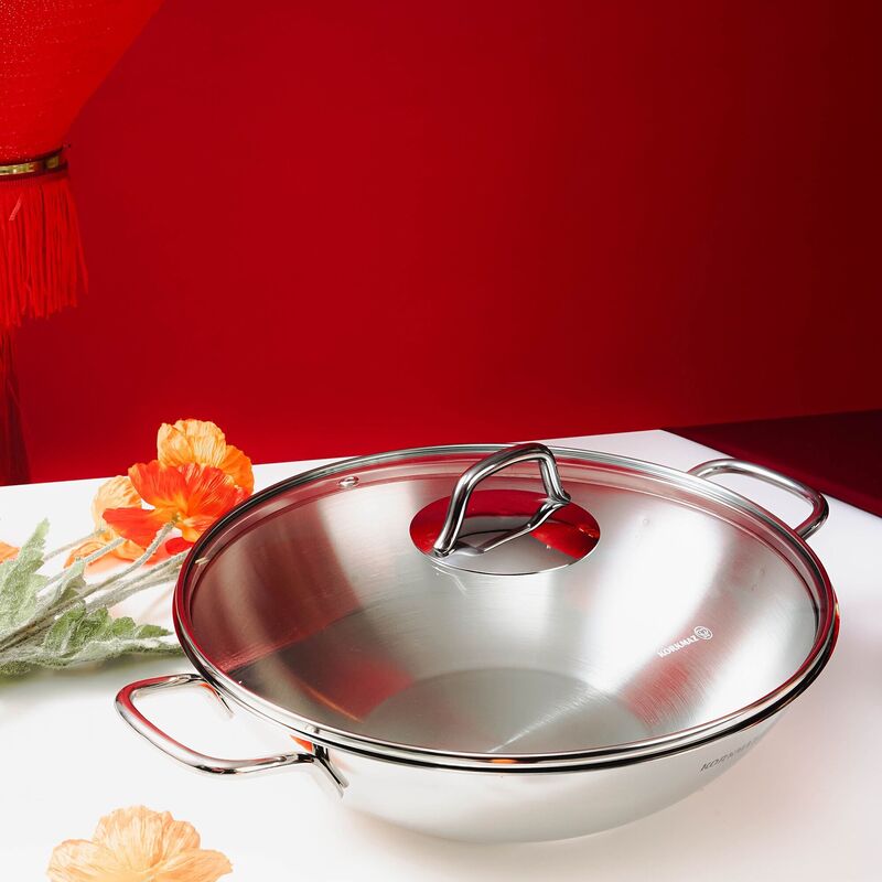 Korkmaz Perla Stainless Steel Wok with Lid - 28x8.5cm, Induction Compatible, Made in Turkey