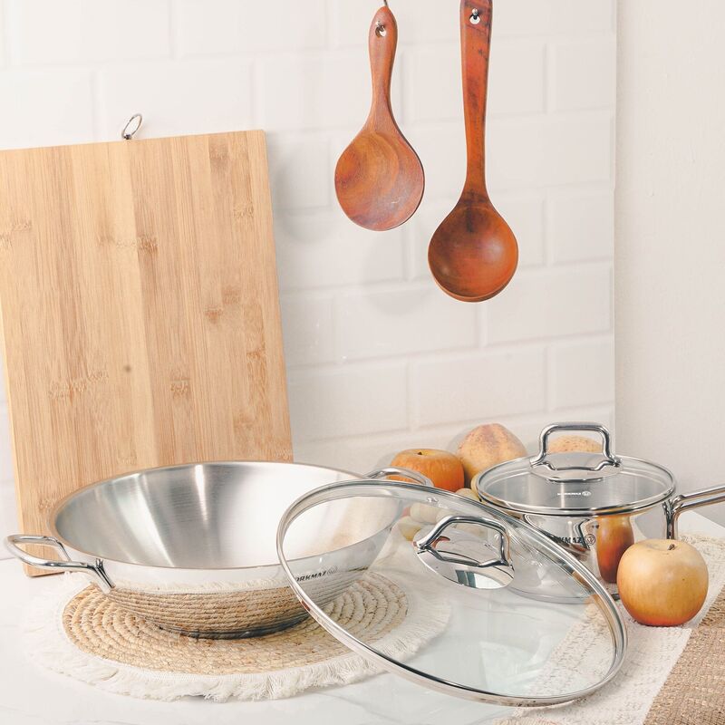 Korkmaz Perla Stainless Steel Wok with Lid - 28x8.5cm, Induction Compatible, Made in Turkey