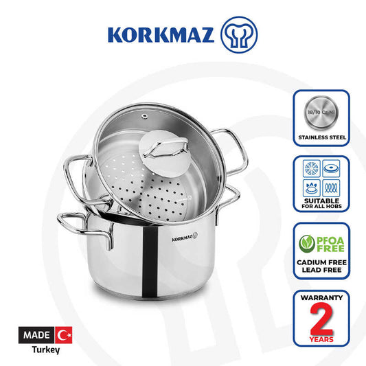 Korkmaz Perla Stainless Steel Steamer / Couscous Cookware Set with Lid - Induction Compatible, Made In Turkey