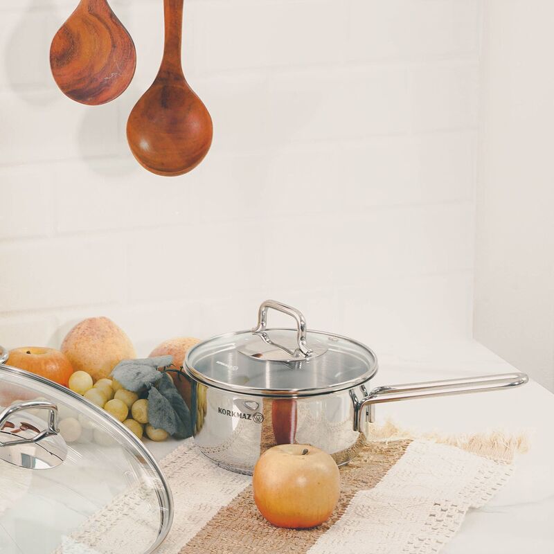 Korkmaz Perla Stainless Steel Saucepan with Lid - 16x8cm, Induction Compatible, Made in Turkey