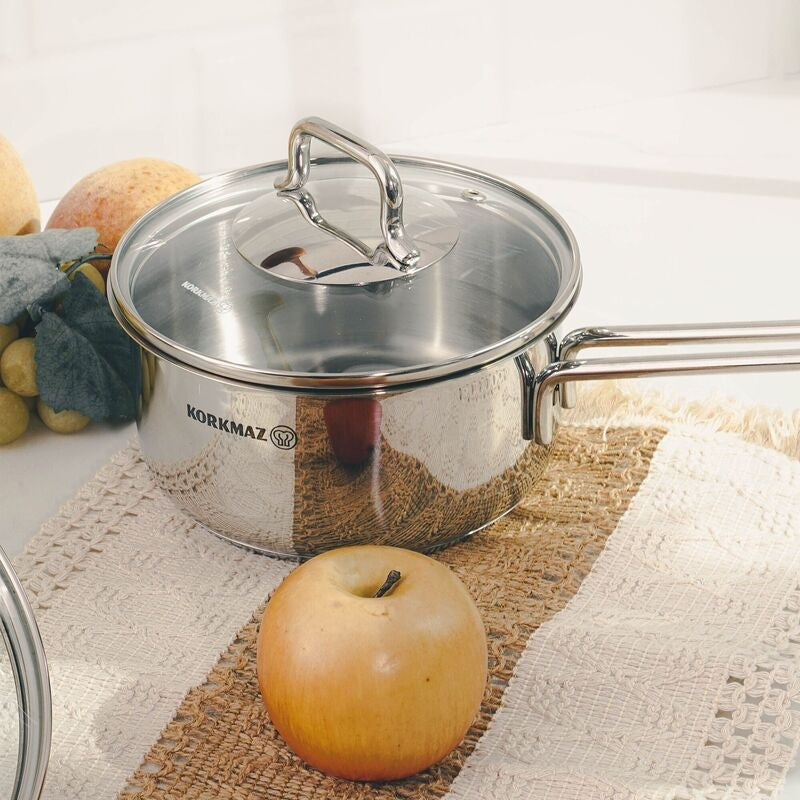 Korkmaz Perla Stainless Steel Saucepan with Lid - 16x8cm, Induction Compatible, Made in Turkey