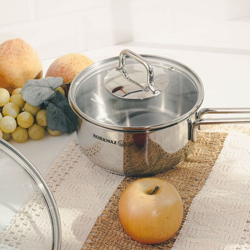 Korkmaz Perla Stainless Steel Saucepan with Lid - 16x8cm, Induction Compatible, Made in Turkey