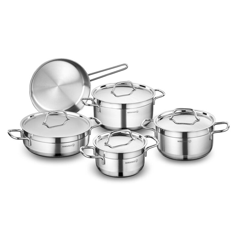 Korkmaz Alfa 9-Piece Stainless Steel Cookware Set - Induction Compatible, Stainless Steel Stock Pot Set and Frying Pan, Made in Turkey