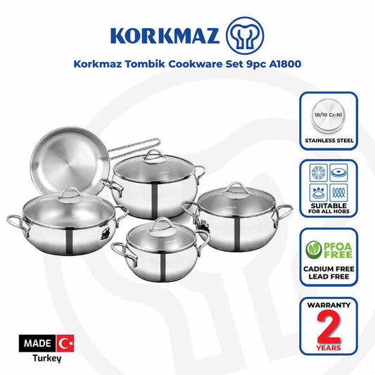Korkmaz Tombik 9-Piece Stainless Steel Cookware Set - Induction Compatible, Stainless Steel Stock Pot Set and Frying Pan, Made in Turkey