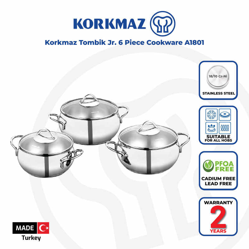 Korkmaz Tombik Jr. 6-Piece Stainless Steel Cookware Set - Induction Compatible, Stock Pot Set, Made in Turkey