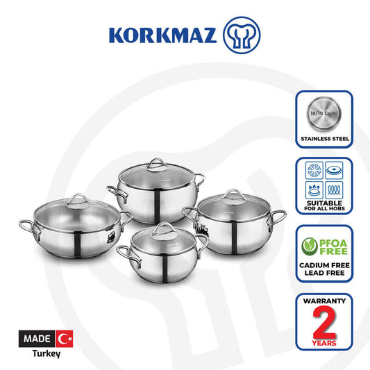 Korkmaz Tombik 8-Piece Stainless Steel Cookware Set - Induction Compatible, Stainless Steel Stock Pot Set, Made in Turkey
