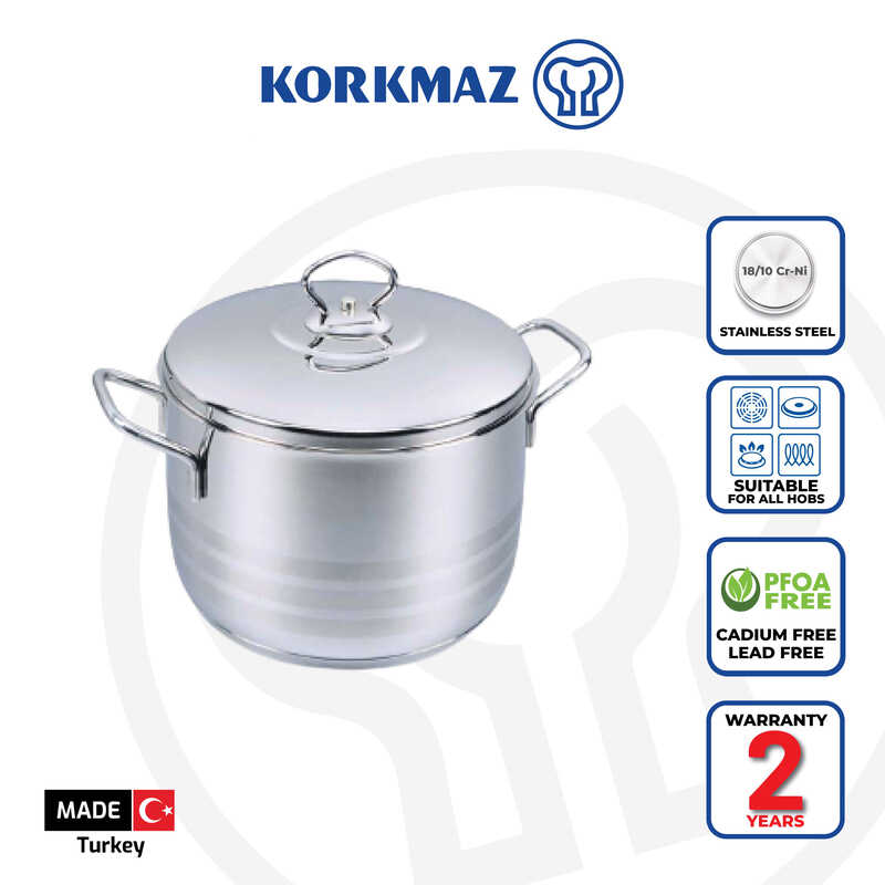 Korkmaz Astra Stainless Steel Stock Pot with Lid - Induction Compatible, Made In Turkey