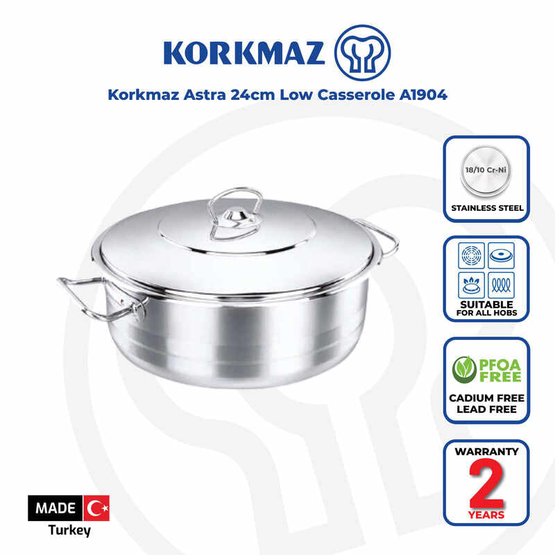 Korkmaz Astra Stainless Steel Cooking Pot - 24x8cm, Induction Compatible, Made in Turkey