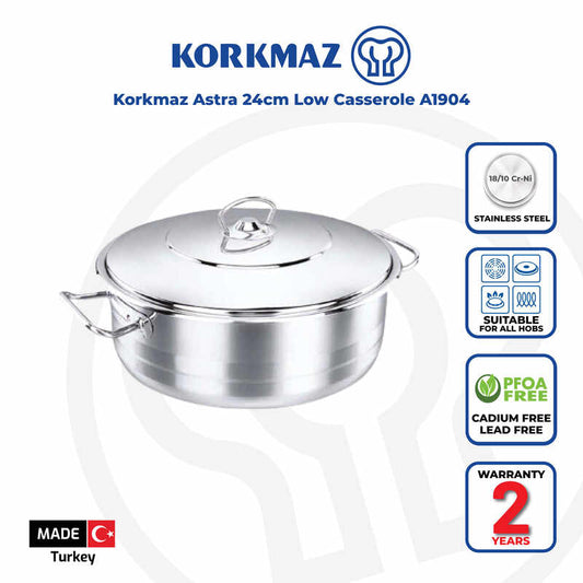 Korkmaz Astra Stainless Steel Cooking Pot - 24x8cm, Induction Compatible, Made in Turkey