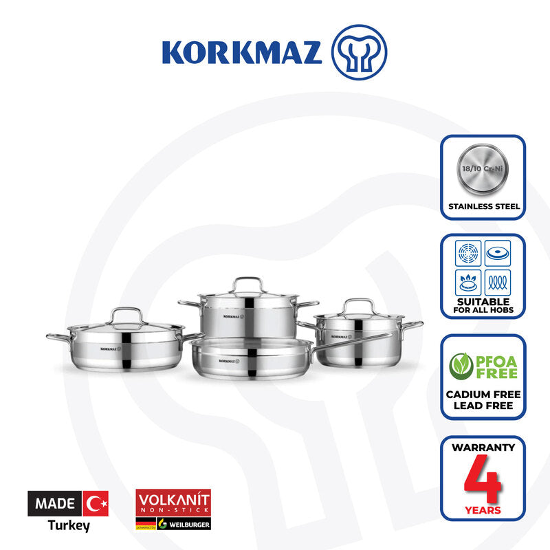 Korkmaz Alfaron 7 Piece Stainless Steel Cookware Set A1954| Industion Compatible Pots and Pans - Made in Turkey