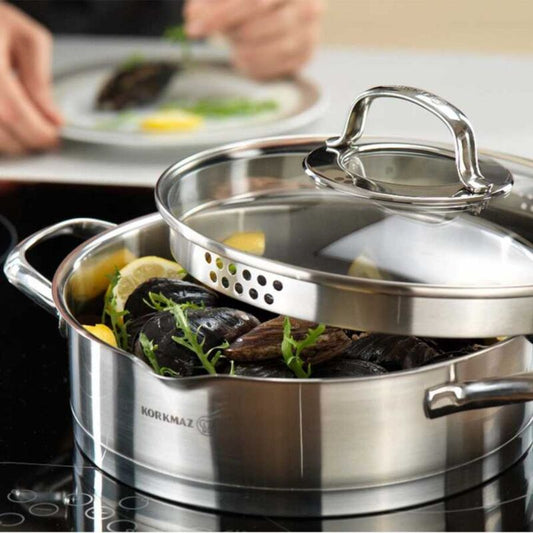 Korkmaz Steama Stainless Steel Stock Pot (Soup Pot) , Induction Compatible, Made in Turkey