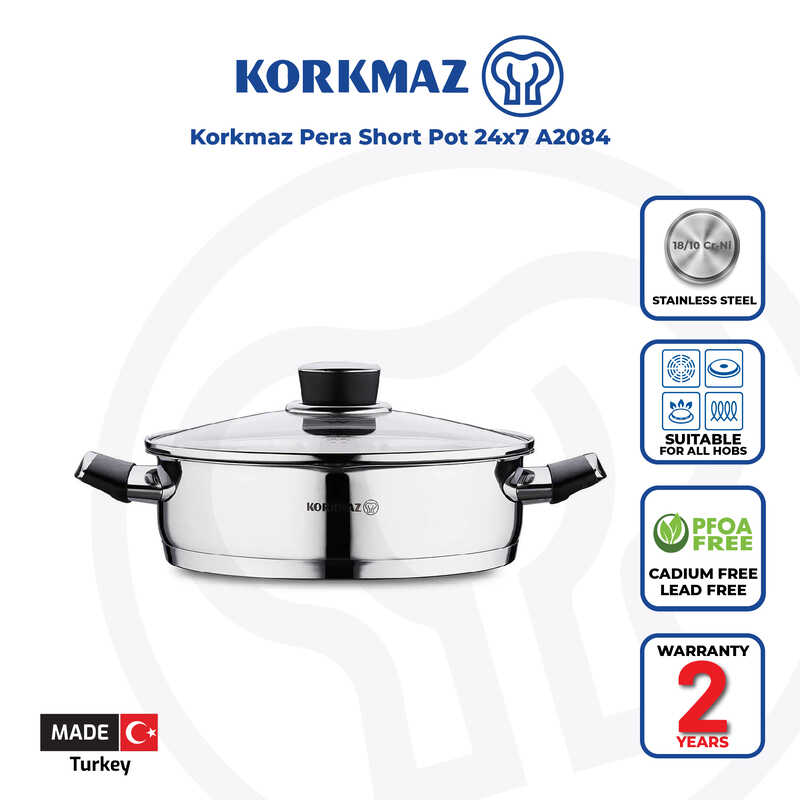 Korkmaz Pera Stainless Steel Cooking Pot with Glass Lid - Made in Turkey, Induction Compatible