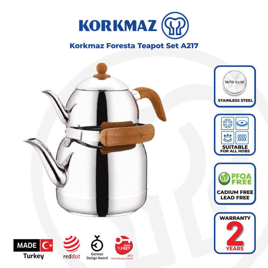 Korkmaz Foresta Claret Red Premium Quality Stainless Steel Teapot Set - Made in Turkey