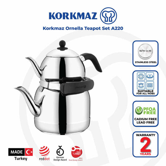 Korkmaz Ornella Premium Quality Stainless Steel Teapot Set - Made in Turkey