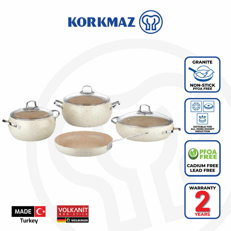 Korkmaz Mondea 7 Piece Non-Stick Cookware Set - Stock Pot Set with Frying Pan, Made in Turkey