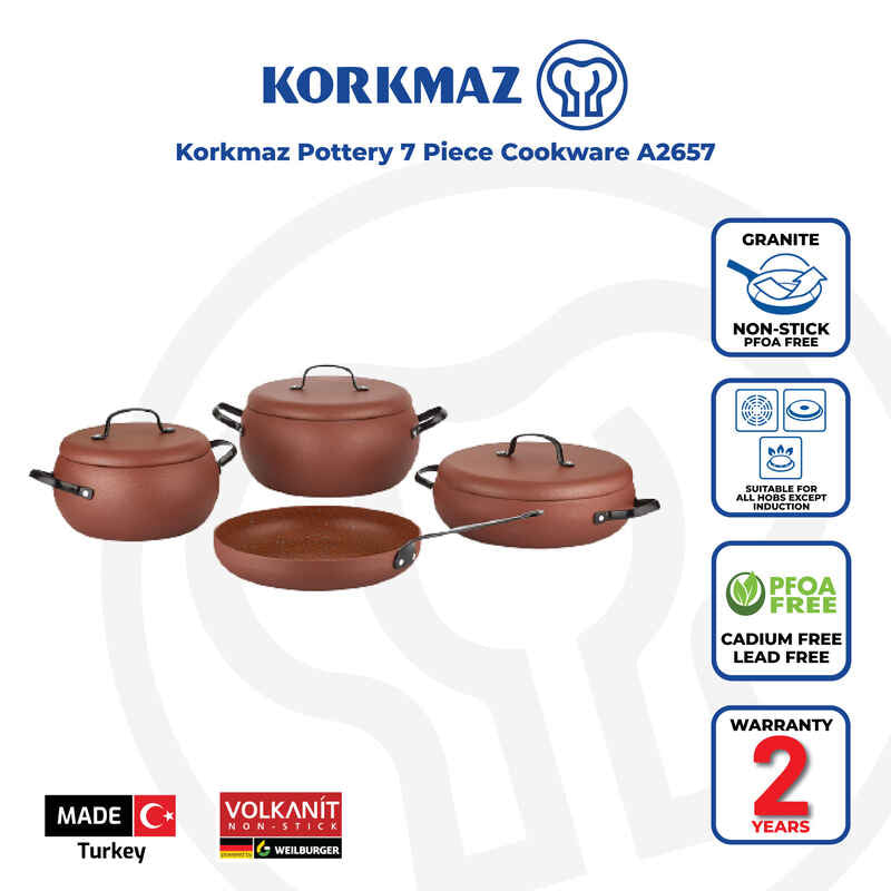 Korkmaz Pottery 7 Piece Non-Stick Cookware Set - Stock Pot Set with Frying Pan, Made in Turkey