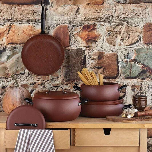 Korkmaz Pottery 7 Piece Non-Stick Cookware Set - Stock Pot Set with Frying Pan, Made in Turkey