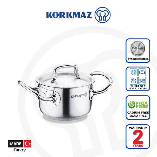 Korkmaz Proline Gastro Satin Stainless Steel Cooking Pot with Lid - Induction Compatible, Made In Turkey