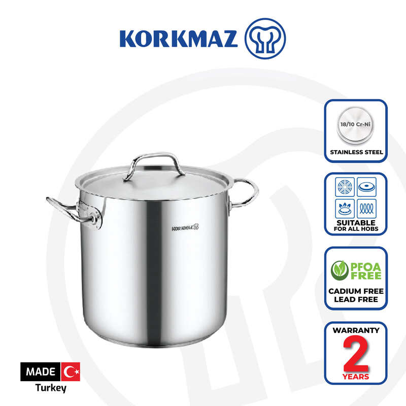 Korkmaz Proline Gastro Stainless Steel Stock Pot (Soup Pot) - Heavy Duty Induction Pot, Made in Turkey