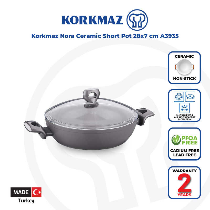 Korkmaz Nora Non-Stick Ceramic Pot with Glass Lid - PFOA Free, Made in Turkey, Non Induction Compatible