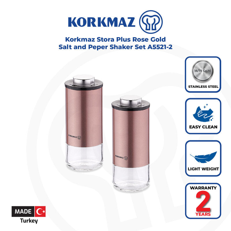 Korkmaz Stora Plus Salt and Pepper Shakers - Adjustable Pour Holes, for Himalayan, Kosher, and Sea Salts, Made in Turkey