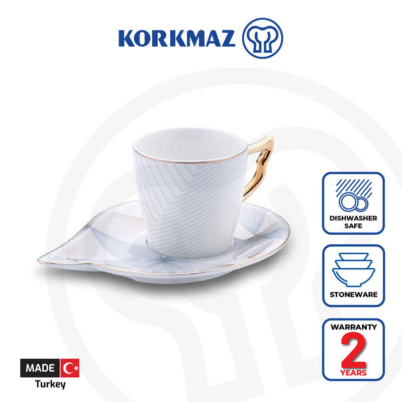Korkmaz Eva Coffee Espresso Cups with Saucers Set - For Latte Macchiato, Set of 2, Made in Turkey