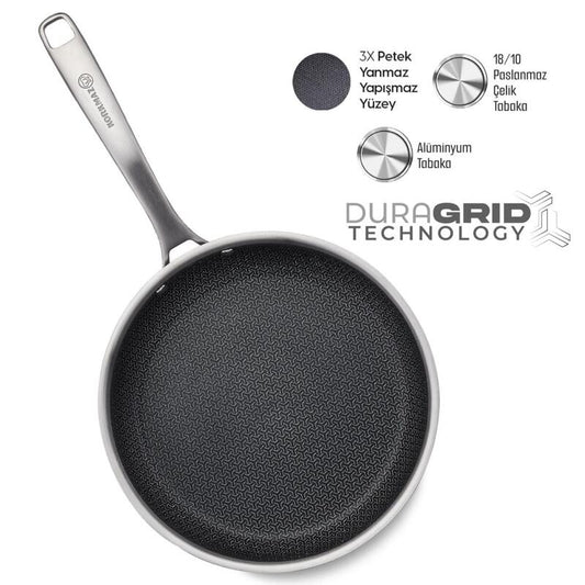 Korkmaz Altima Stainless Steel Honeycomb Frying Pan β Tri-Ply Duragrid Non-Stick, Induction Compatible
