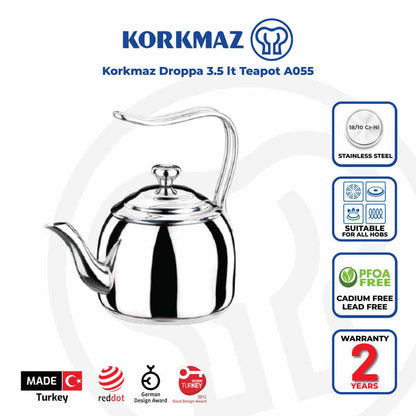 Korkmaz Droppa Teapot Premium Stainless Steel, Made in Turkey