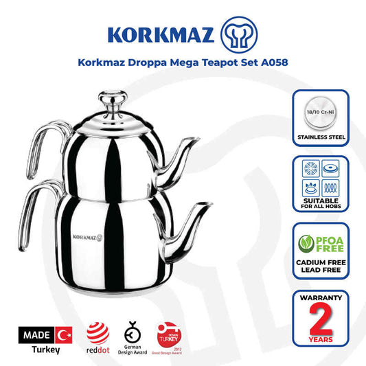 Korkmaz Droppa Teapot Set Premium Stainless Steel - Made in Turkey