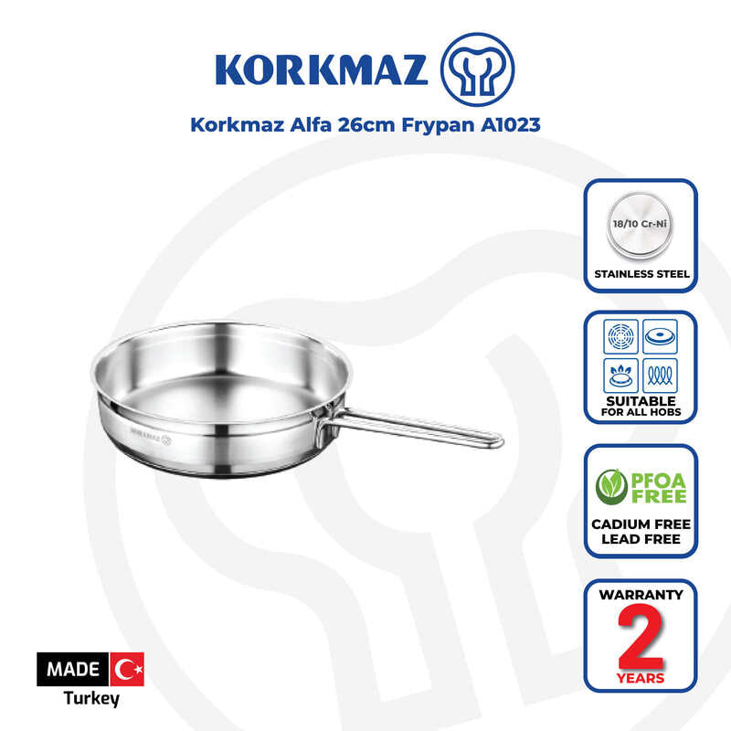 Korkmaz Alfa Stainless Steel Frying Pan - Induction Compatible, Made in Turkey