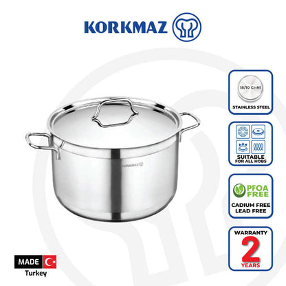 Korkmaz Alfa Stainless Steel Stock Pot (Soup Pot) - Induction Compatible, Made in Turkey
